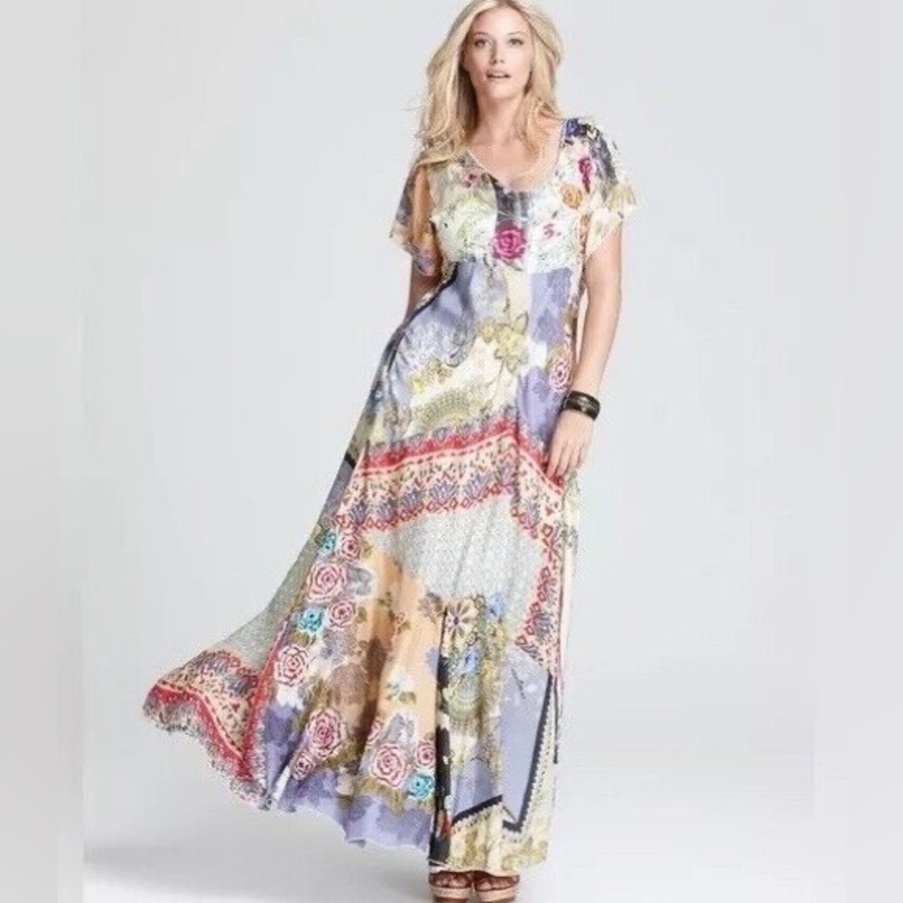 Johnny Was Blue and Pink Flutter Sleeve Maxi Silk Sundress